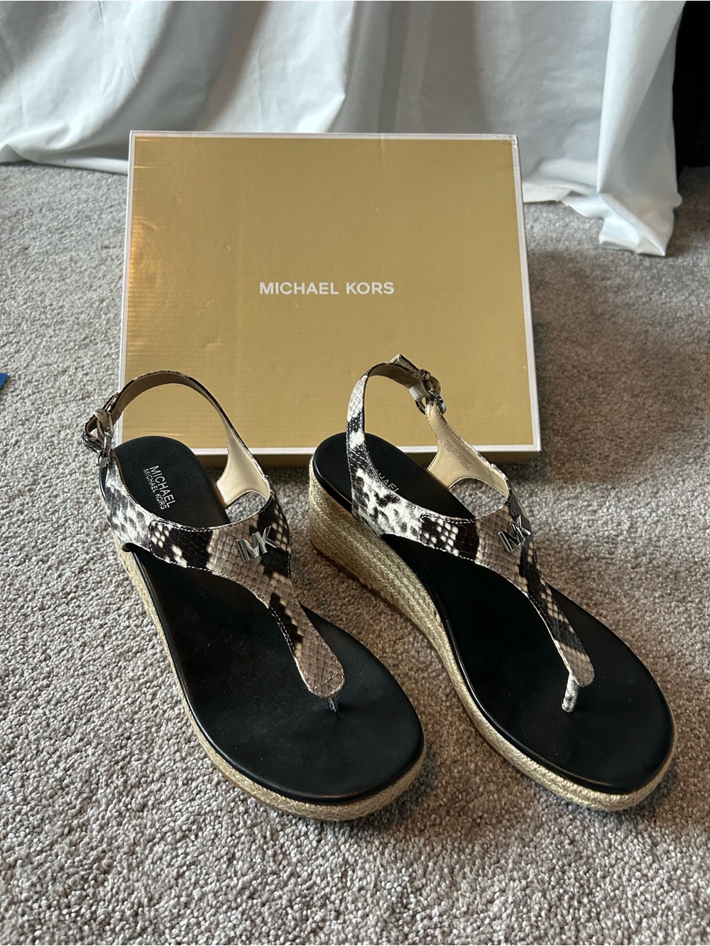 Michael Kors Snake-Print Wedge Thong Sandals in Black and Brown